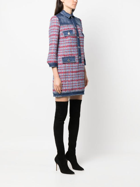 panelled tweed denim mini dress